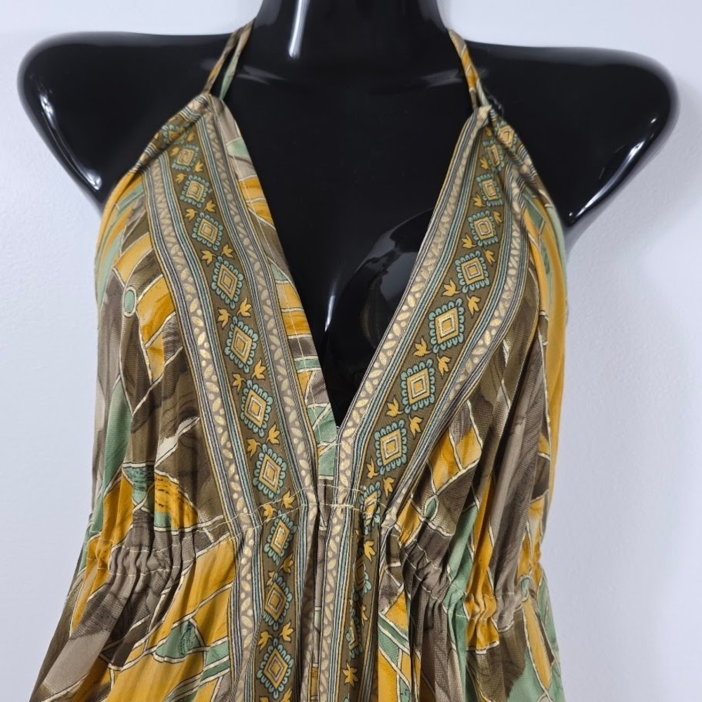 Silk/ Viscos Maxi Dress Women S-XL Gold Boho Halter Tiered Geometric - Picture 5 of 8